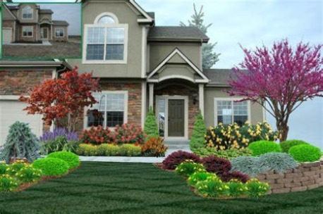 Color landscape design rendering of a front yard with trees, shrubs and flower beds
