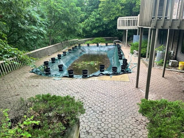 Backyard pond under construction with liner and stone edging